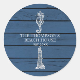 Sticker Rond Maison de plage Rustique Blue Wood Seahorse Lighth