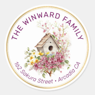 Sticker Rond Maison d'oiseau florale de printemps aquarelle Adr