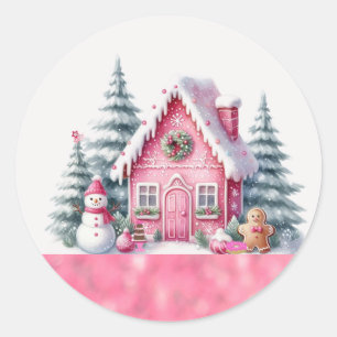 Sticker Rond Maison en pain d'épice de village de Noël rose