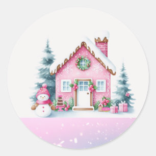 Sticker Rond Maison en pain d'épices du Village d'hiver rose