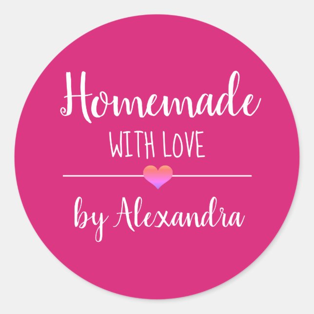 Sticker Rond Maison faite avec amour rose blanc nom de script (Devant)