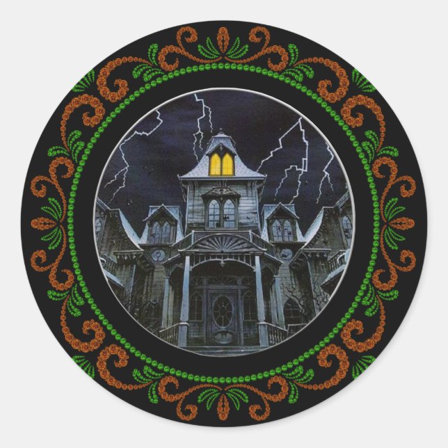 Sticker Rond Maison Halloween Orange Green Haunween (Devant)