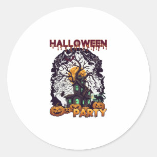 Sticker Rond Maison Hantée Arbre Citrouilles Noir Fête Hallowee