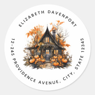 Sticker Rond Maison hantée avec adresse d'Halloween Citrouille
