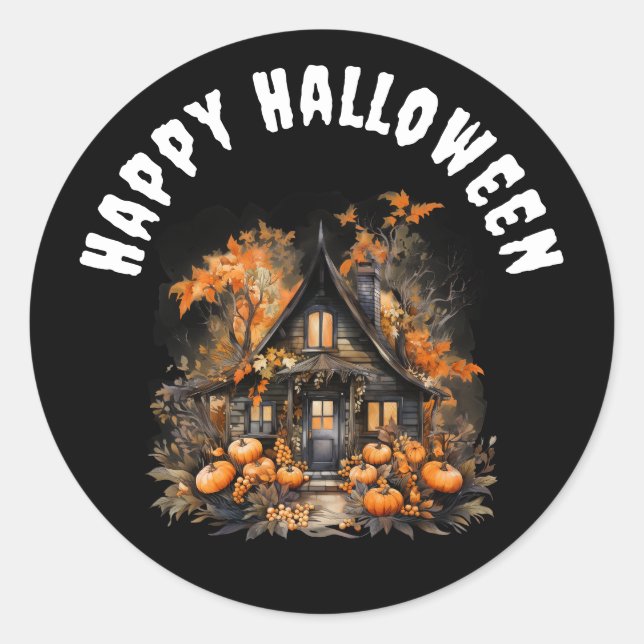 Sticker Rond Maison hantée avec Citrouilles heureux Halloween (Devant)