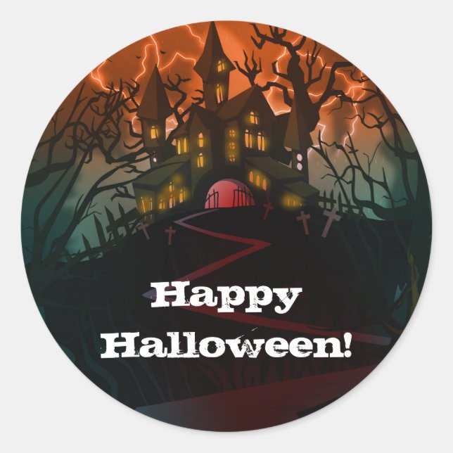 Sticker Rond Maison hantée Cimetière Fête d'Halloween (Devant)