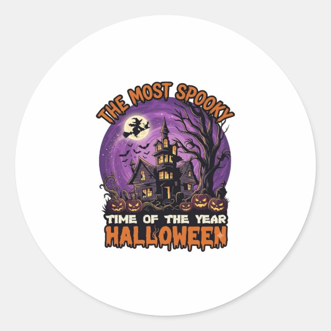 Sticker Rond Maison hantée de Halloween la plus effrayante Sorc (Devant)