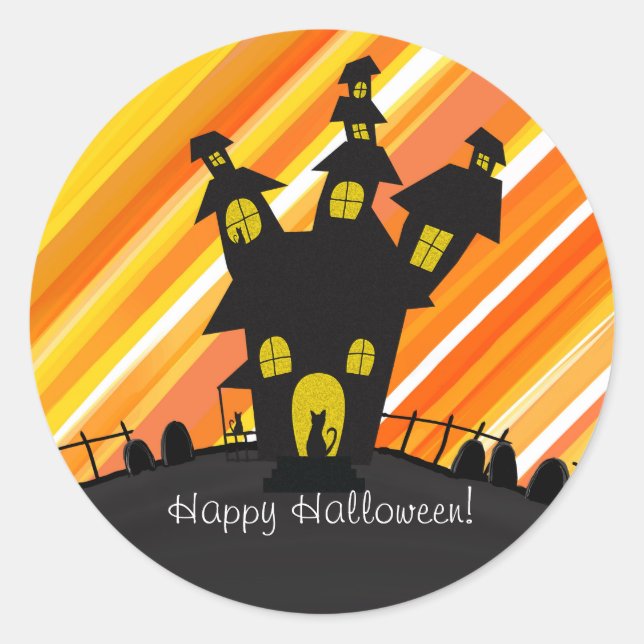 Sticker Rond Maison Hantée des Chats Noirs Soirée Halloween (Devant)