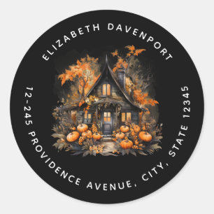 Sticker Rond Maison hantée d'Halloween avec adresse de citrouil