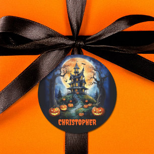 Sticker Rond Maison hantée d'Halloween avec nom Citrouille