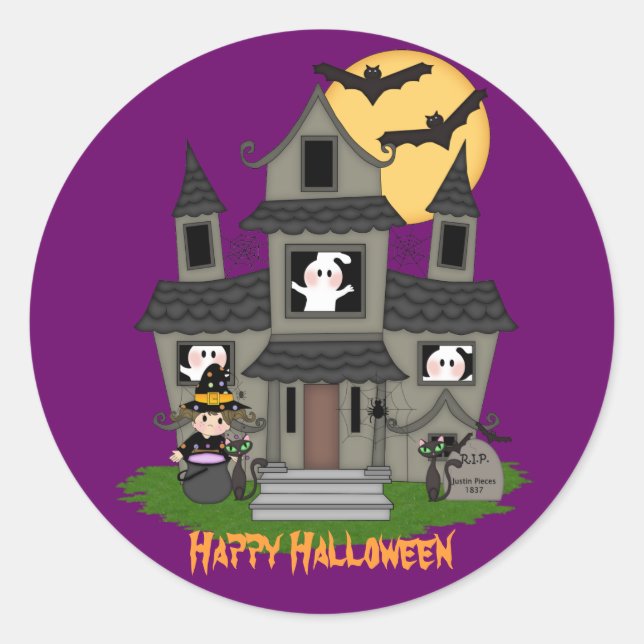 Sticker Rond Maison hantée d'Halloween mignonne et petite sorci (Devant)