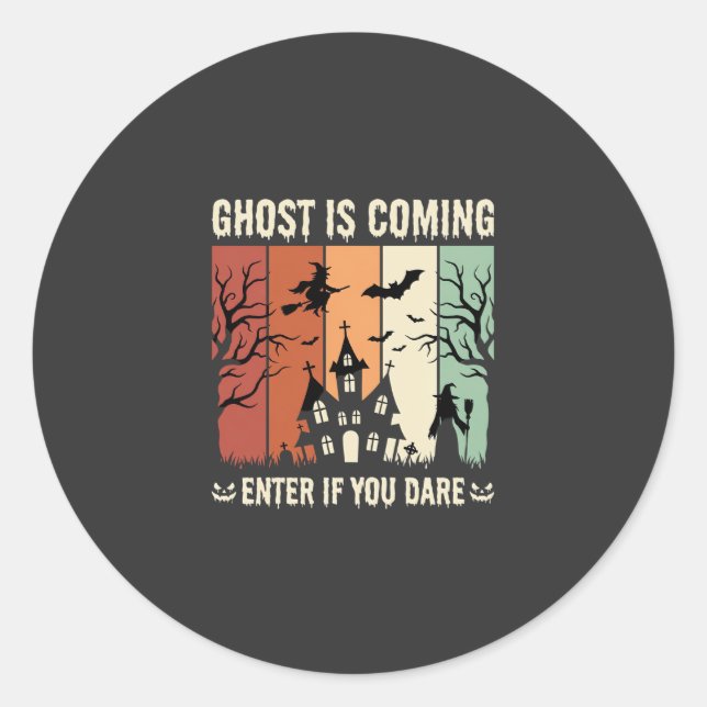 Sticker Rond Maison Hantée Fantôme d'Halloween Arrive (Devant)