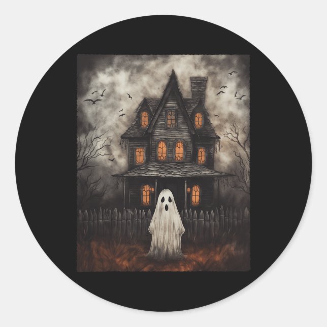 Sticker Rond Maison Hantée Ghost Midnight Halloween Ghost Spook (Devant)