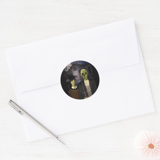 Sticker Rond Maison hantée Halloween American Gothic (Enveloppe)