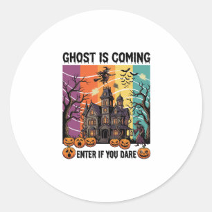 Sticker Rond Maison Hantée Halloween Fantôme Arrive Pompe à Sor