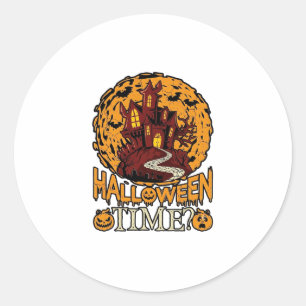Sticker Rond Maison Hantée Halloween Pleine Lune Citrouilles