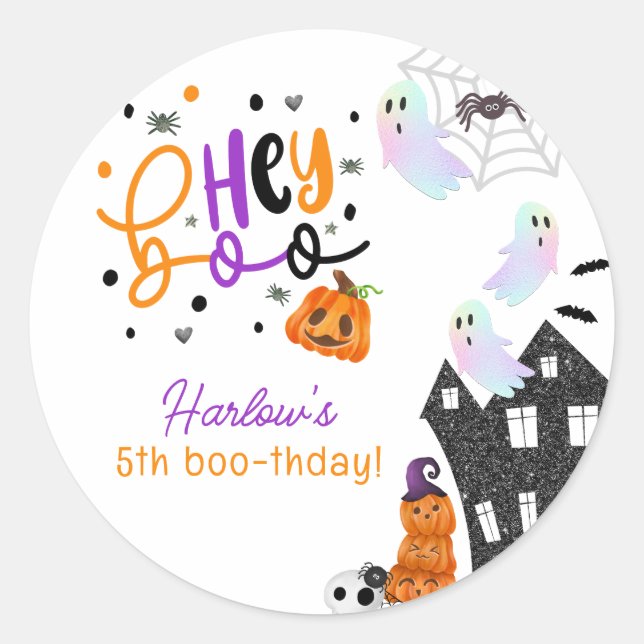 Sticker Rond Maison hantée Hey Boo Purple Halloween Anniversair (Devant)