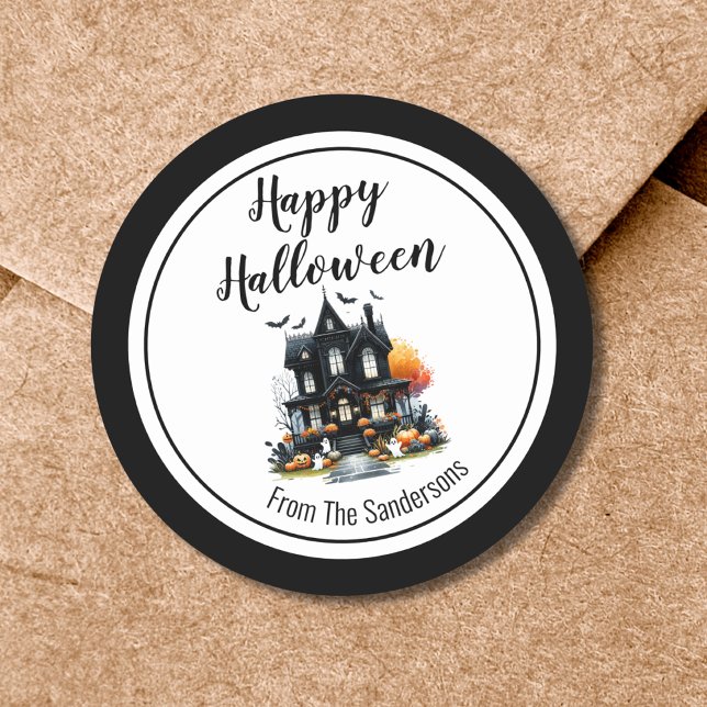 Sticker Rond Maison Hantée Joyeux Halloween (Haunted House Happy Halloween Classic Round Sticker)