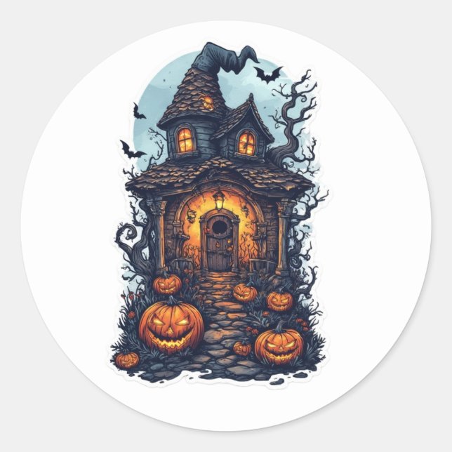 Sticker Rond Maison Haunted Halloween avec Citrouilles - Éffray (Devant)