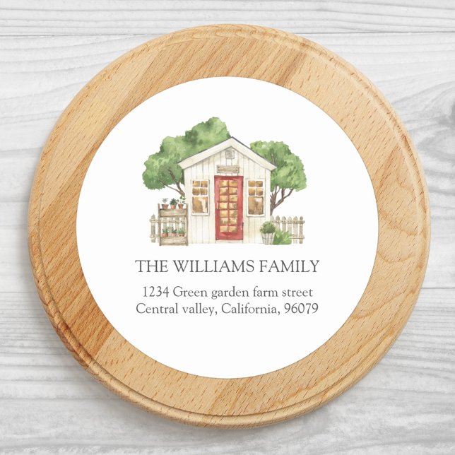 Sticker Rond Maison Rustique Porte Rouge Adresse de Ferme de Ca (Close up)