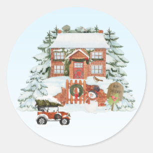 Sticker Rond Maison vintage Joyeux Noël Neige hiver Scène