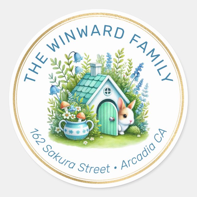 Sticker Rond Maisonnette Mignonne de Printemps & Adresse Lapin (Devant)