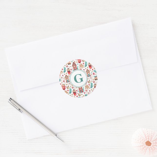Sticker Rond Maisons Monogramme & Motif Sucré 1,5 po (Enveloppe)