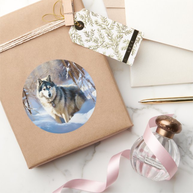 Sticker Rond Malamute Aaskan Qu'il neige Noël (Cadeaux)