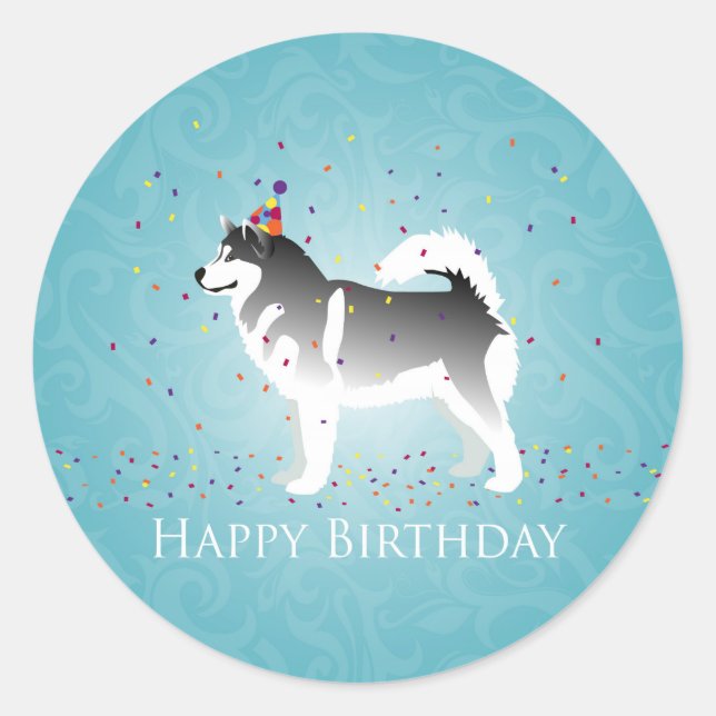 Sticker Rond Malamute d'Alaska conception d'anniversaire (Devant)