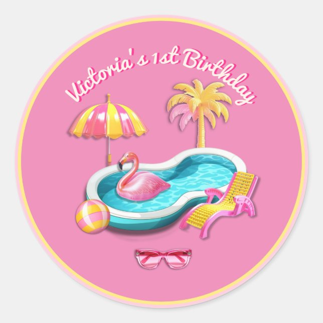 Sticker Rond Malibu Beach Doll Retro Anniversaire Pool Party (Devant)