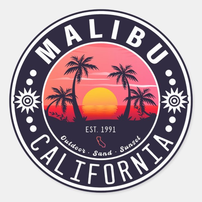 Sticker Rond Malibu Ca Retro Coucher de soleil Palmiers Souveni (Devant)