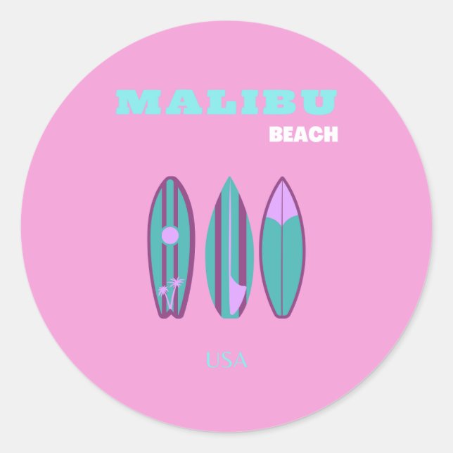 Sticker Rond Malibu, Malibu Beach, Californie, Preppy, rose (Devant)