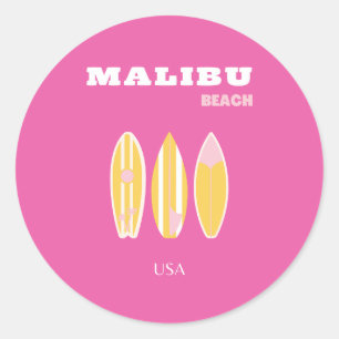 Sticker Rond Malibu, Plage de Malibu, Art du voyage, Preppy, Ro
