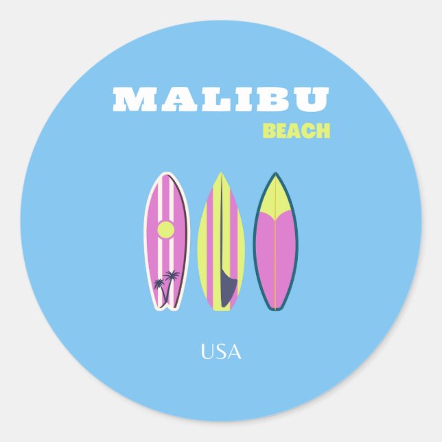 Sticker Rond Malibu, Plage de Malibu, Tropical, Preppy, Bleu (Devant)