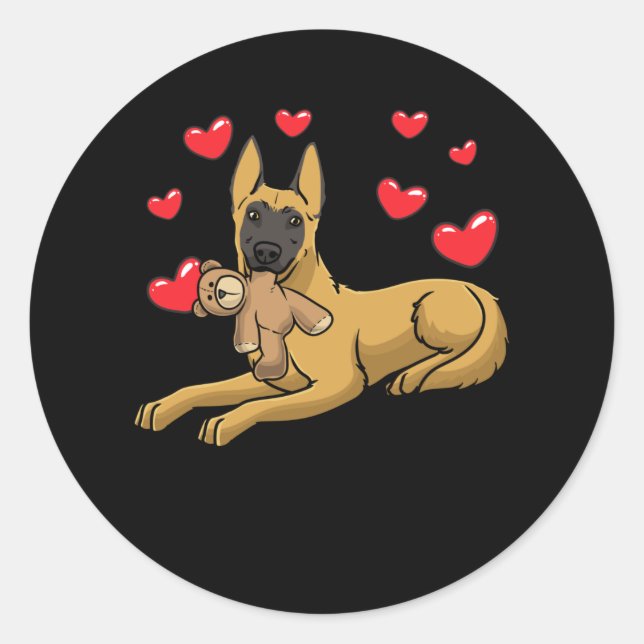 Sticker Rond Malinois Dog With Stuffed Animal Belgian Shepherd (Devant)