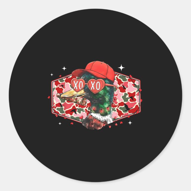 Sticker Rond Mallard Duck Camouflage Happy Valentine's Day Hunt (Devant)