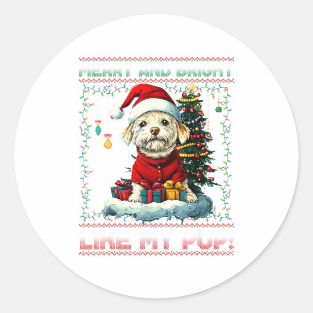 Sticker Rond Maltese Christmas Tree Lights Decorations Dog Love (Devant)