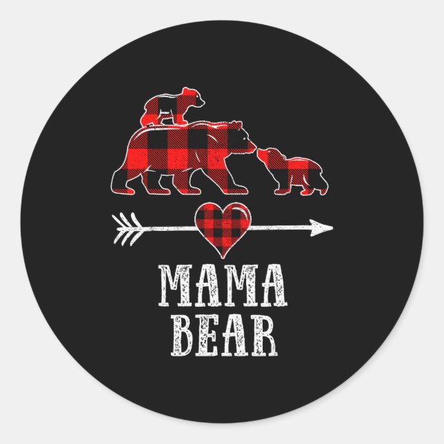 Sticker Rond Mama Bear 2 Cubs Shirt, Christmas Mama Bear Plaid  (Devant)