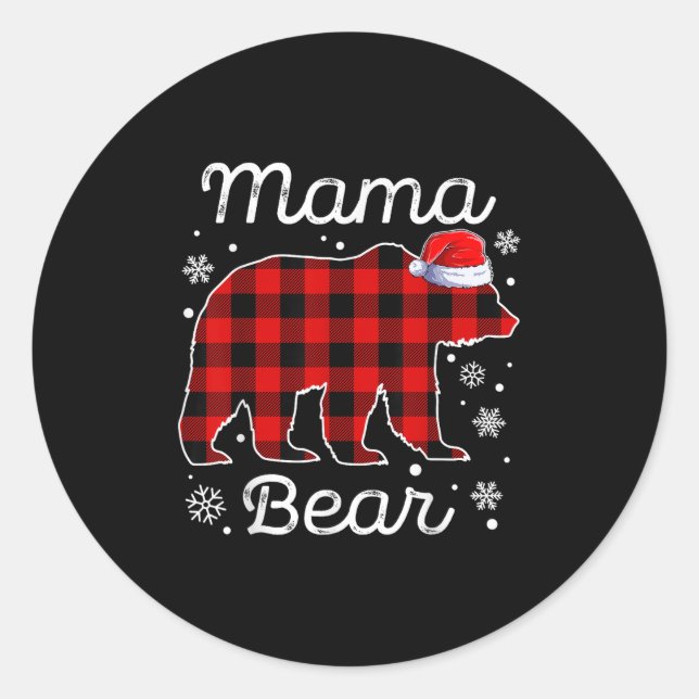Sticker Rond Mama Bear Christmas Pajamas Red Plaid Buffalo Fami (Devant)