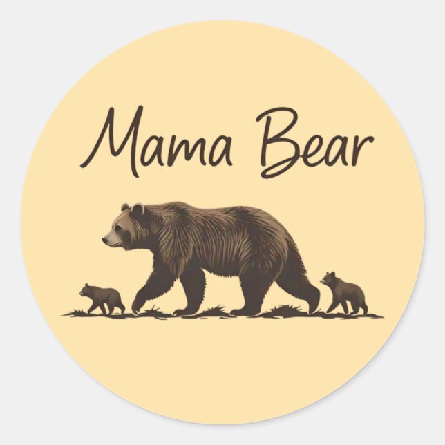 Sticker Rond Mama Bear Walking avec des oursons Silhouette Vint (Devant)