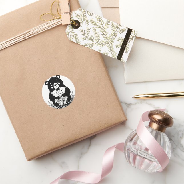 Sticker Rond Mama Bear with Two Cubs Heart Line Art Design (Cadeaux)