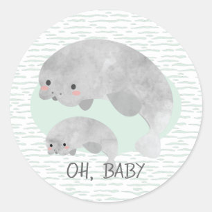 Sticker Rond Mama mûre et bébé manatee avec Baby shower des 