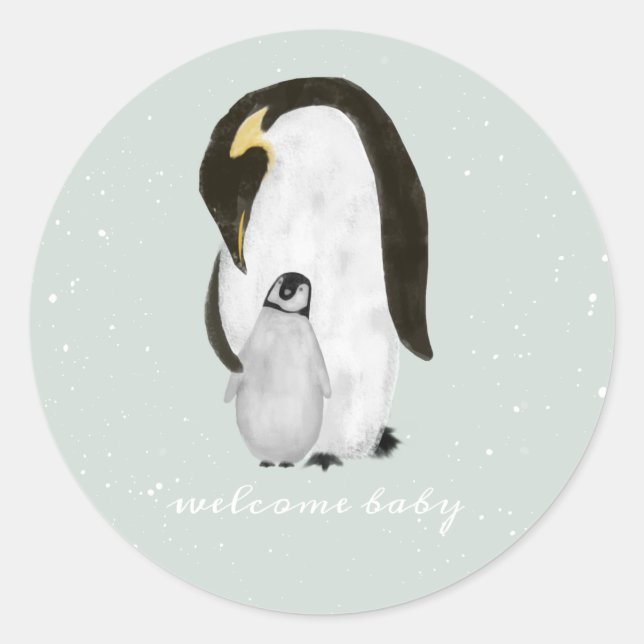 Sticker Rond Mama Penguin Hiver Baby shower garçon bleu neige (Devant)
