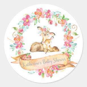 Sticker Rond Maman Bébé Cerf Floral Wreath Spring Douche Bois