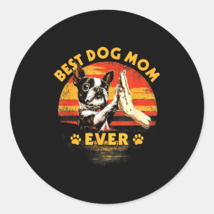 Sticker Rond Maman Boston terrier coucher de soleil rétro drôle