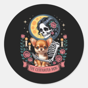 Sticker Rond Maman Chihuahua Halloween Chien Onwer Skeleton Fem