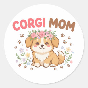 Sticker Rond Maman Corgi Mignonne Couronne de Fleurs Cadeau pou