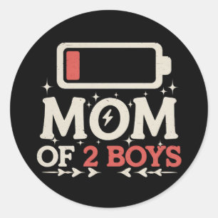 Sticker Rond Maman de 2 garçons batterie faible drôle de fête d