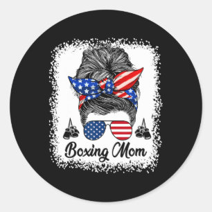 Sticker Rond Maman de boxe Bun Messy Drapeau Usa Gles 4 juillet