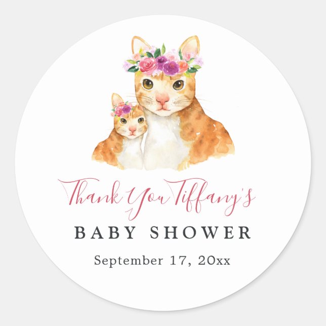 Sticker Rond Maman Et Bébé Chat Merci Floral Baby shower (Devant)